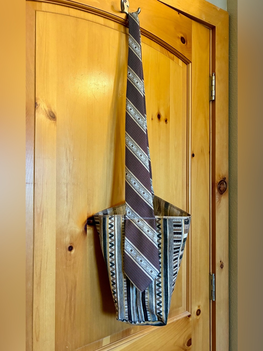 Upcycled Brown Pattern Shoulder Bag with Repurposed Men’s Tie Shoulder Strap